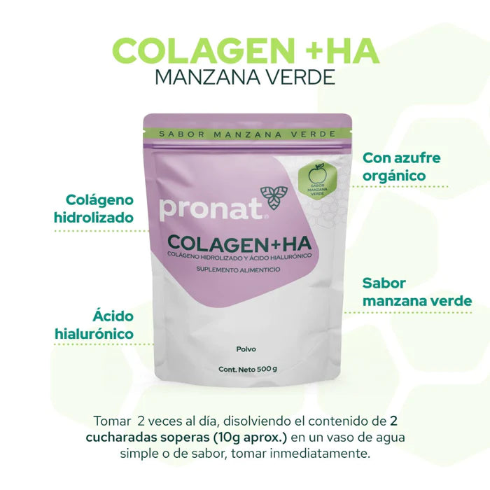 Colagen + Ha (Colágeno y Ácido Hialurónico) Manzana Verde polvo 500 g - Pronat